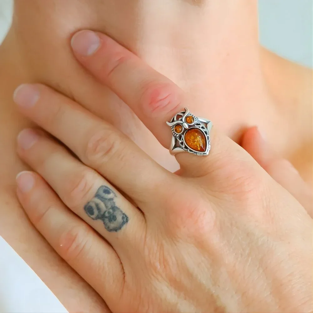 Baltic Amber Owl Ring in 925 Sterling Silver